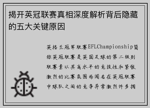 揭开英冠联赛真相深度解析背后隐藏的五大关键原因