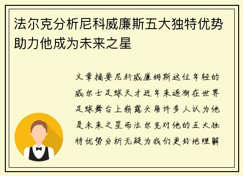 法尔克分析尼科威廉斯五大独特优势助力他成为未来之星
